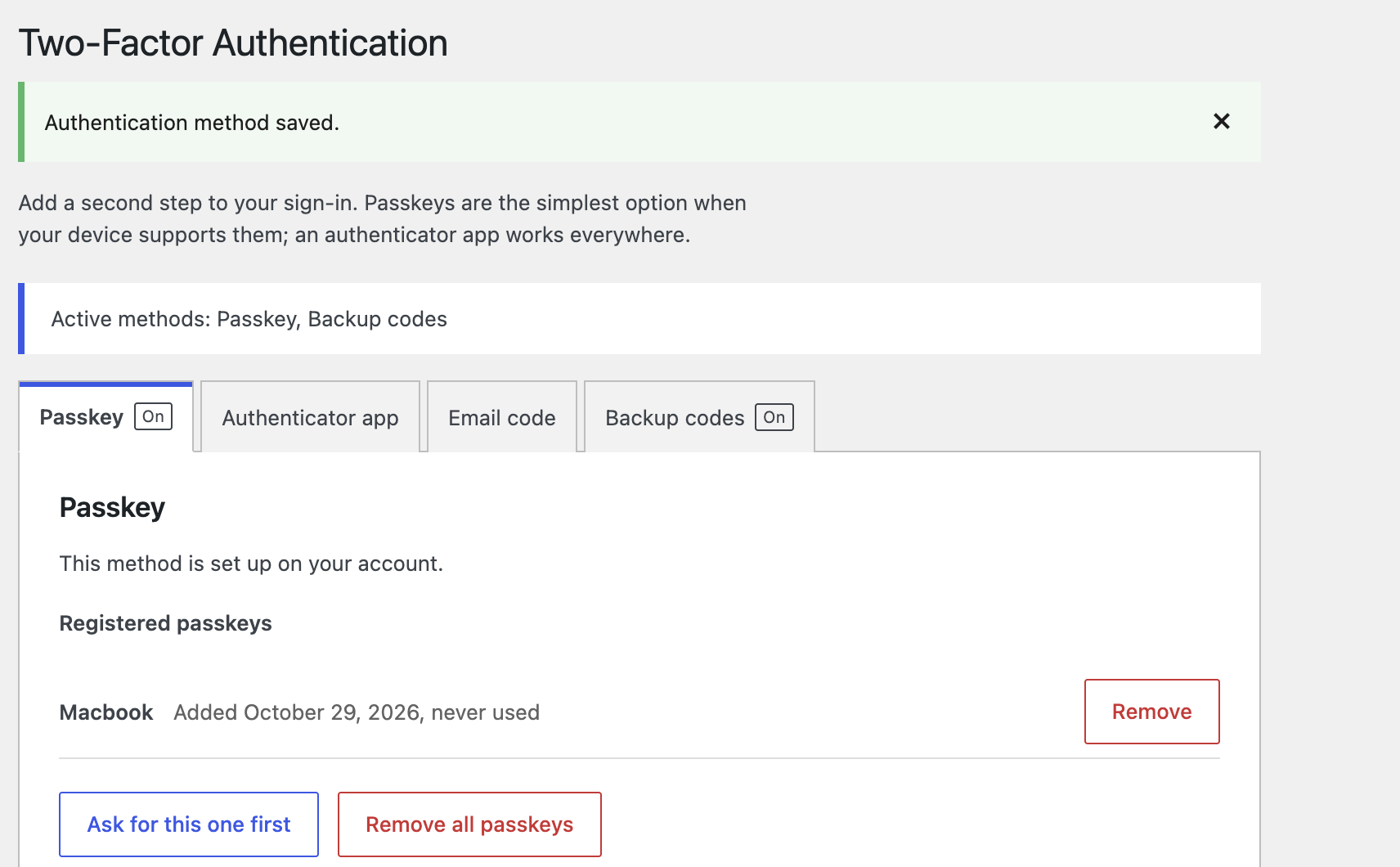 Sigil two-factor authentication screen in WordPress showing a registered passkey