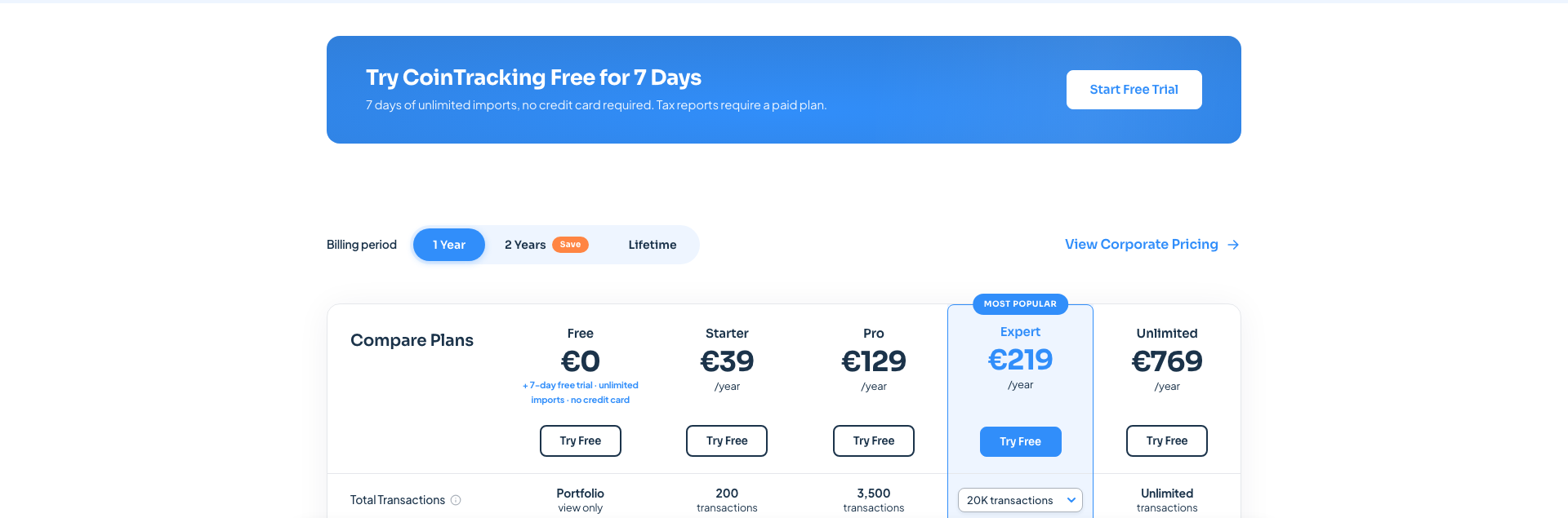 CoinTracking pricing plans in 2026