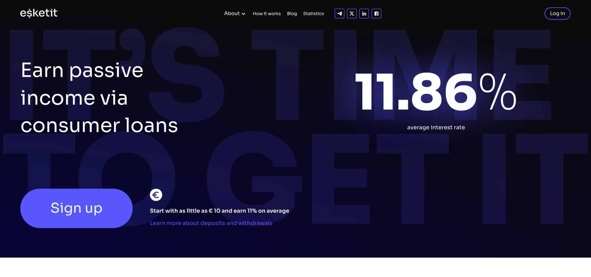 Esketit homepage showing an 11.86% average interest rate