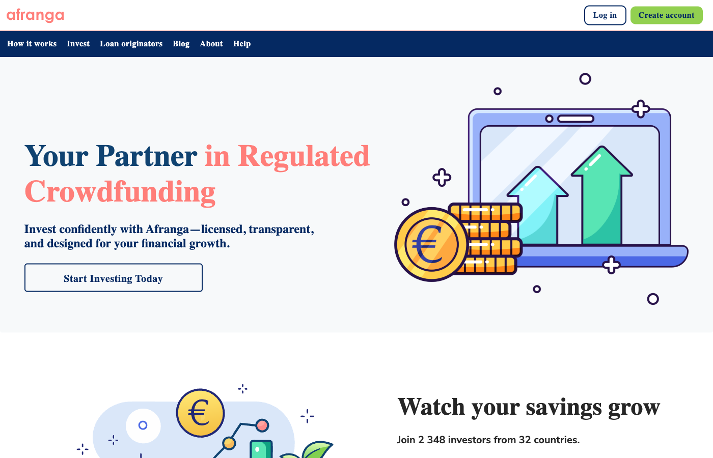 Afranga P2P lending platform homepage showing regulated crowdfunding marketplace