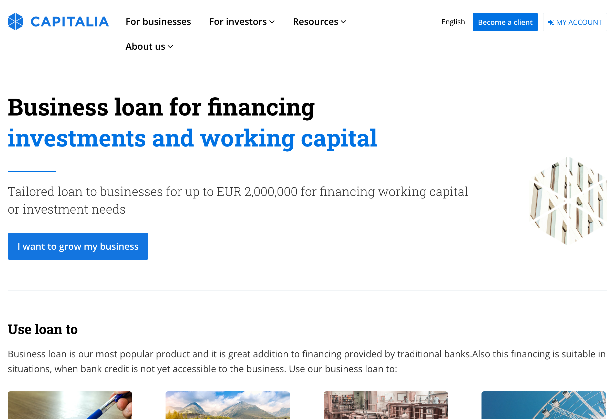 Capitalia business loan page showing financing options for investments and working capital