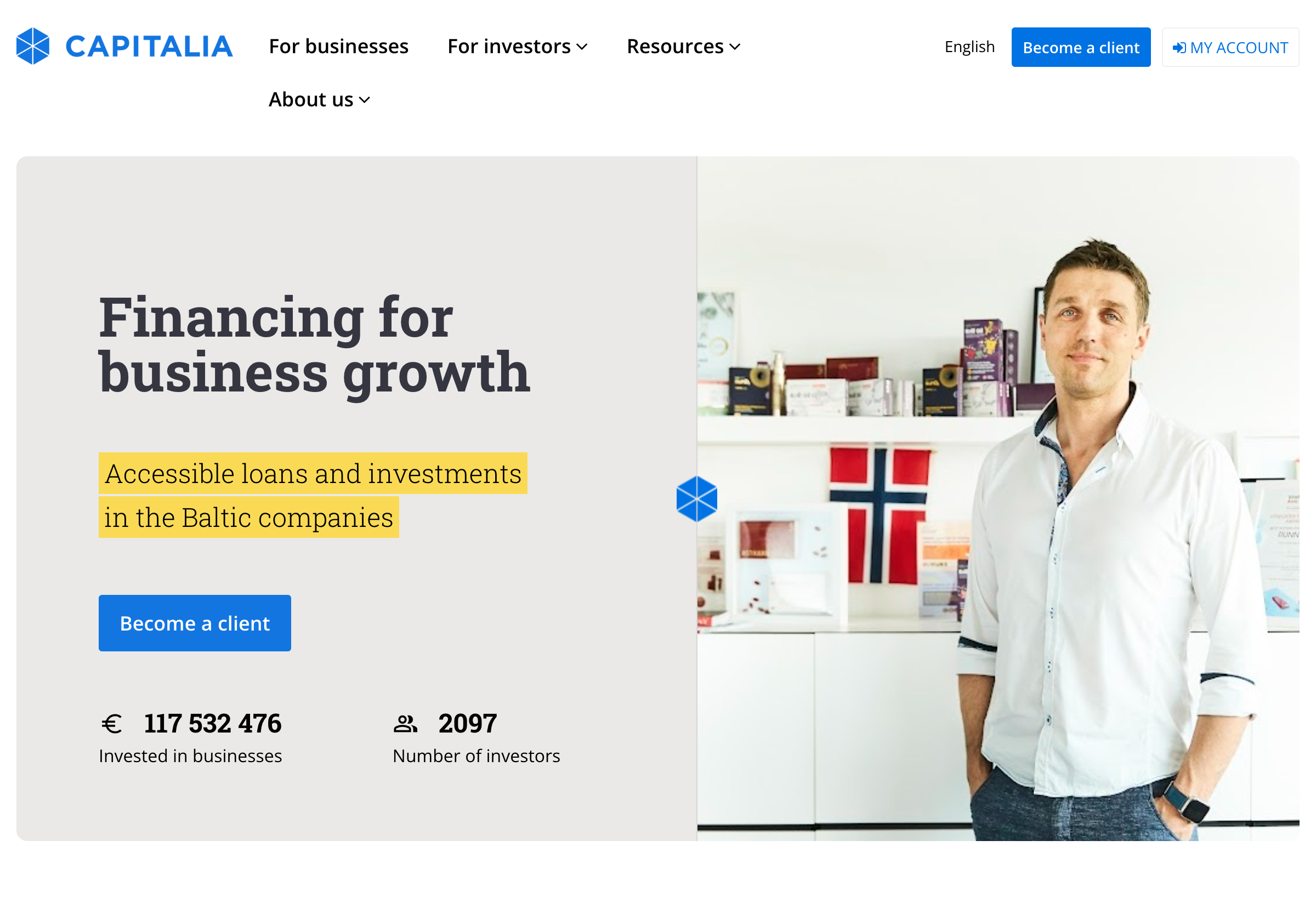 Capitalia homepage showing financing for business growth with key platform statistics