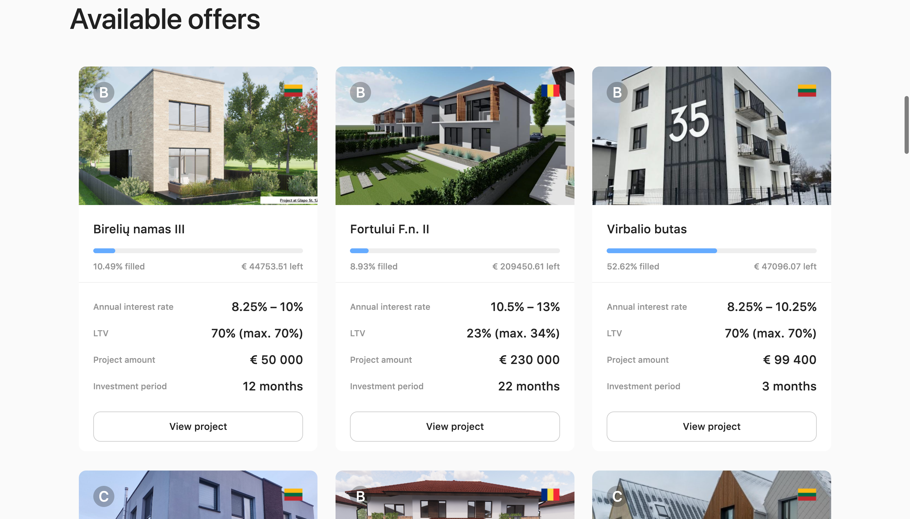 Crowdpear available investment offers showing real estate loan projects with interest rates, LTV ratios, and funding progress