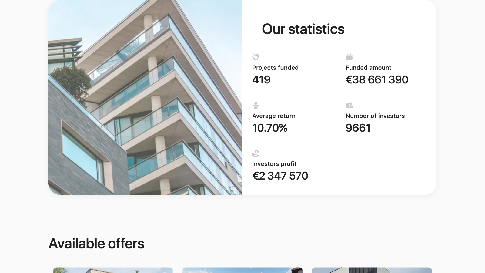 Crowdpear platform statistics showing 419 projects funded, 10.70% average return, and over 9,600 investors
