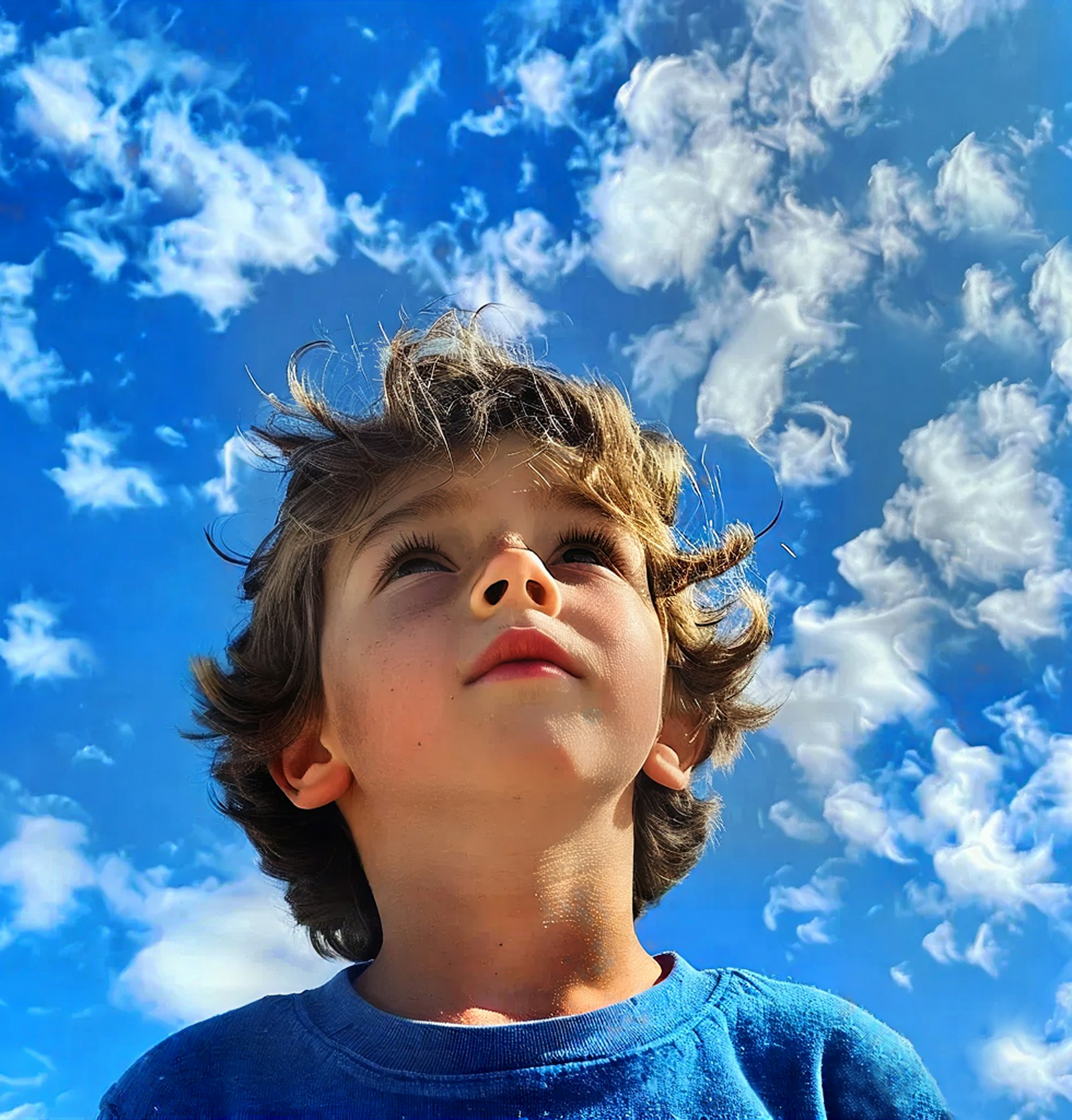 Child looking up at the sky with wonder