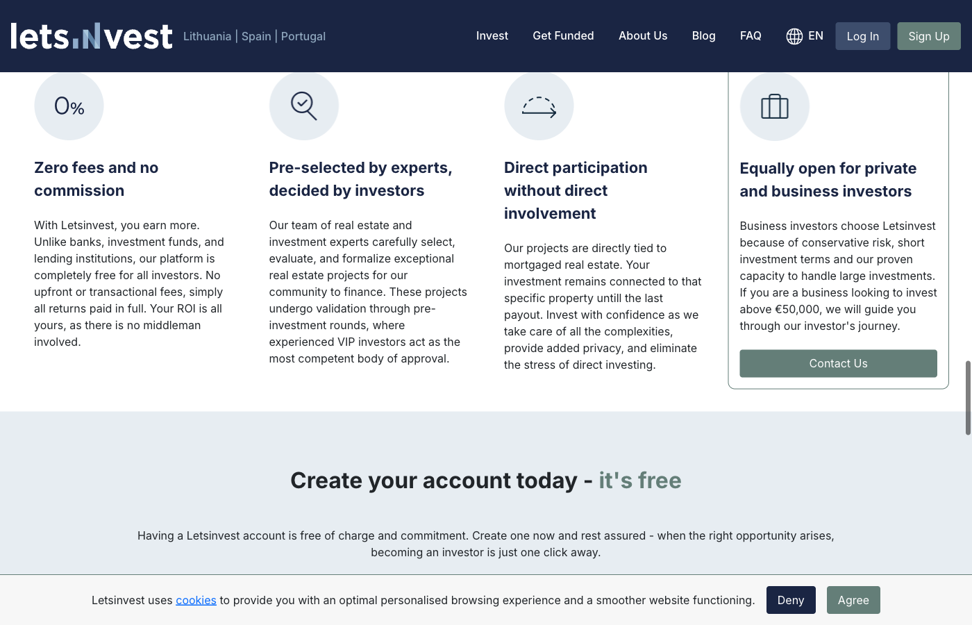 Letsinvest platform features including zero fees, expert pre-selection, direct real estate participation, and equal access for all investors