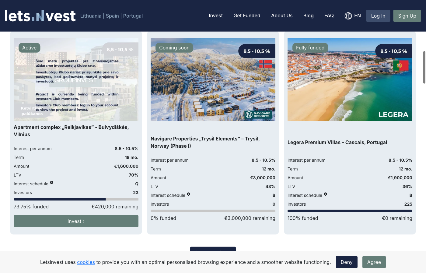 Letsinvest investment project listings showing active real estate loans with interest rates, LTV ratios, and funding progress