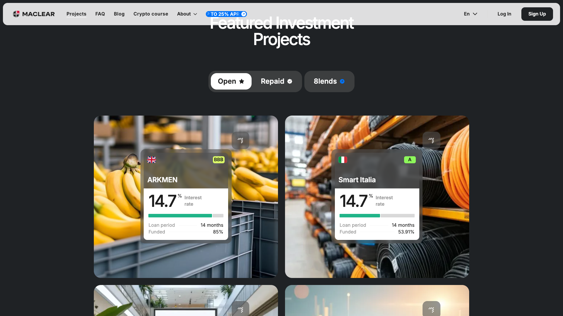 Maclear investment project listings showing available loans with interest rates and funding progress