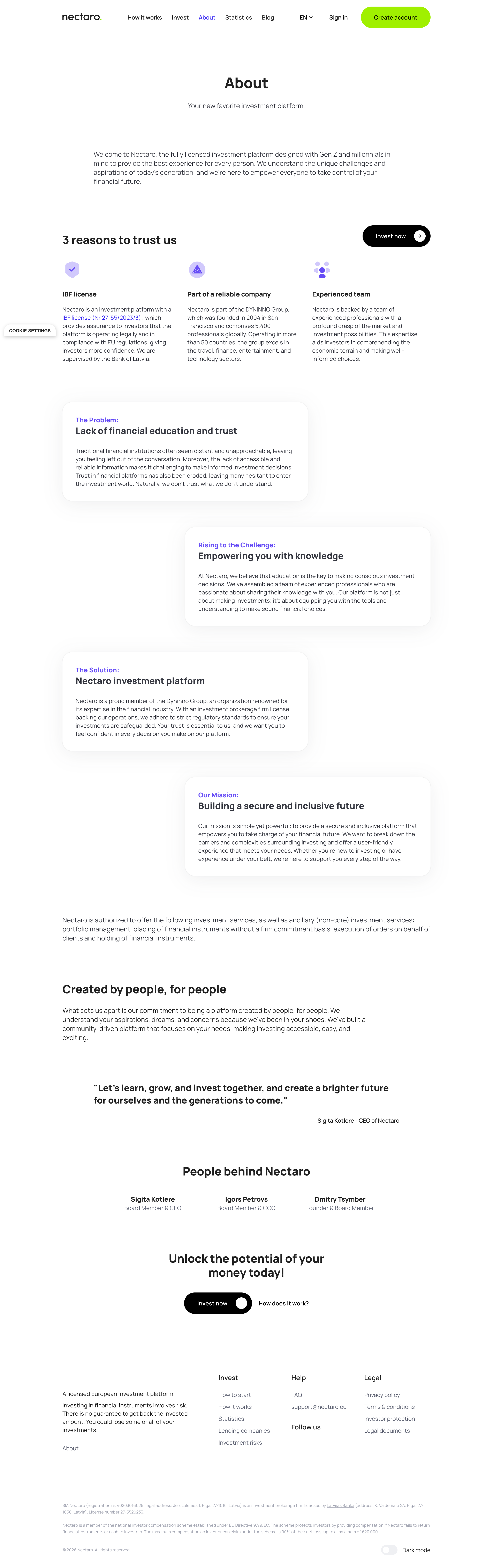 Nectaro about page showing the team and company mission