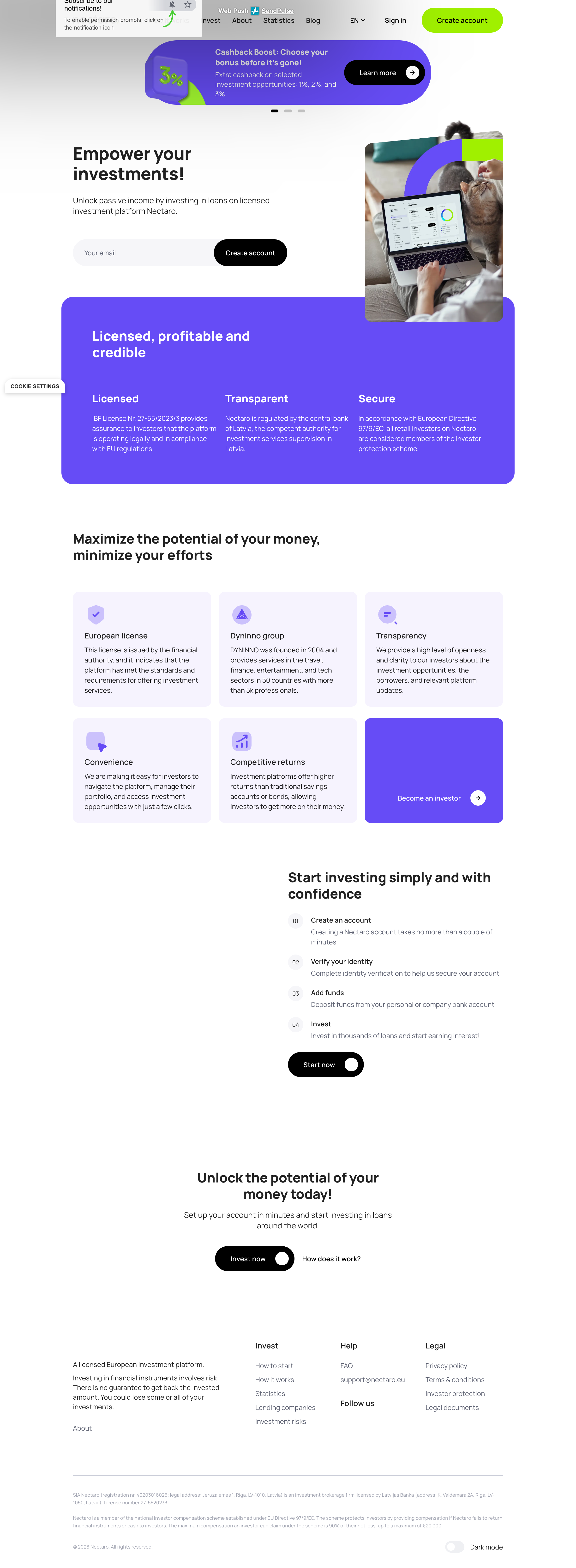Nectaro homepage showing the platform's value proposition and key features