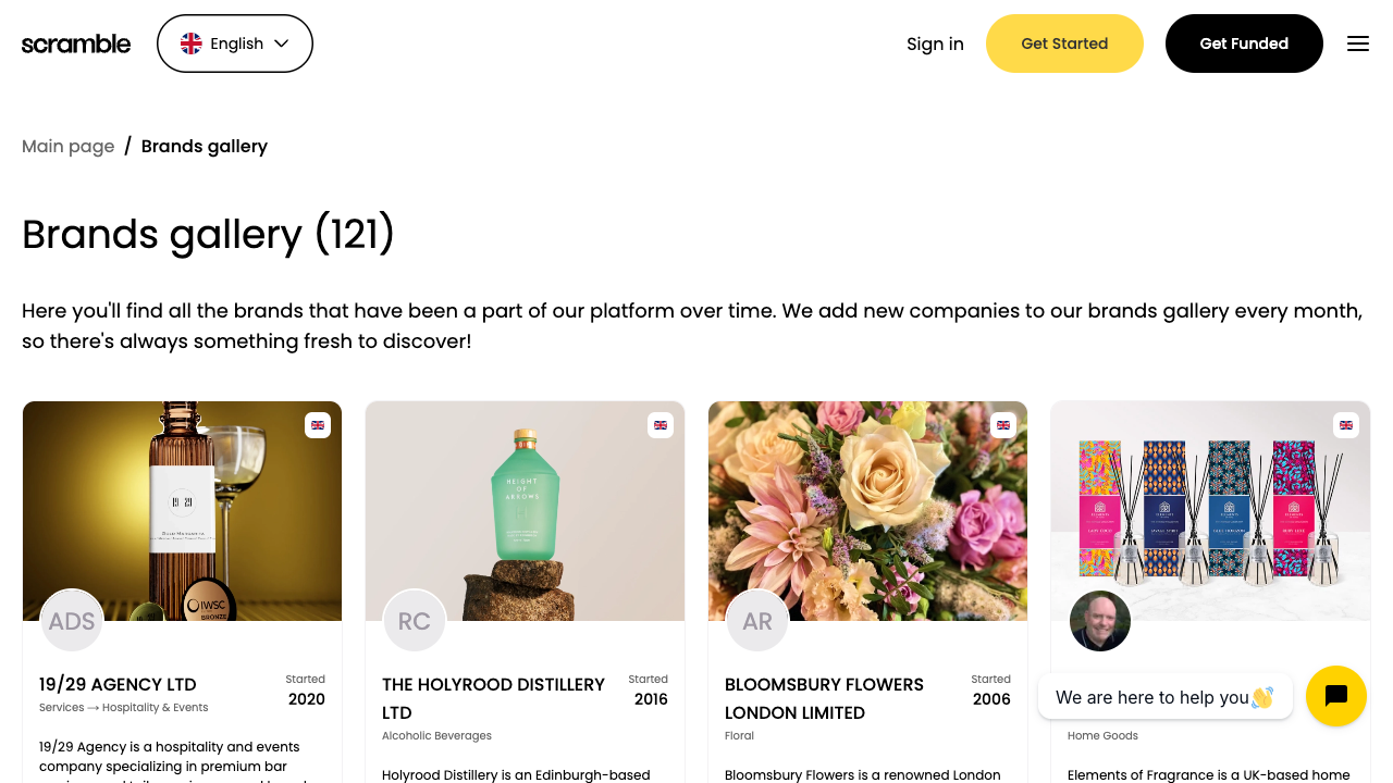 Scramble brands gallery showing consumer goods companies funded on the platform