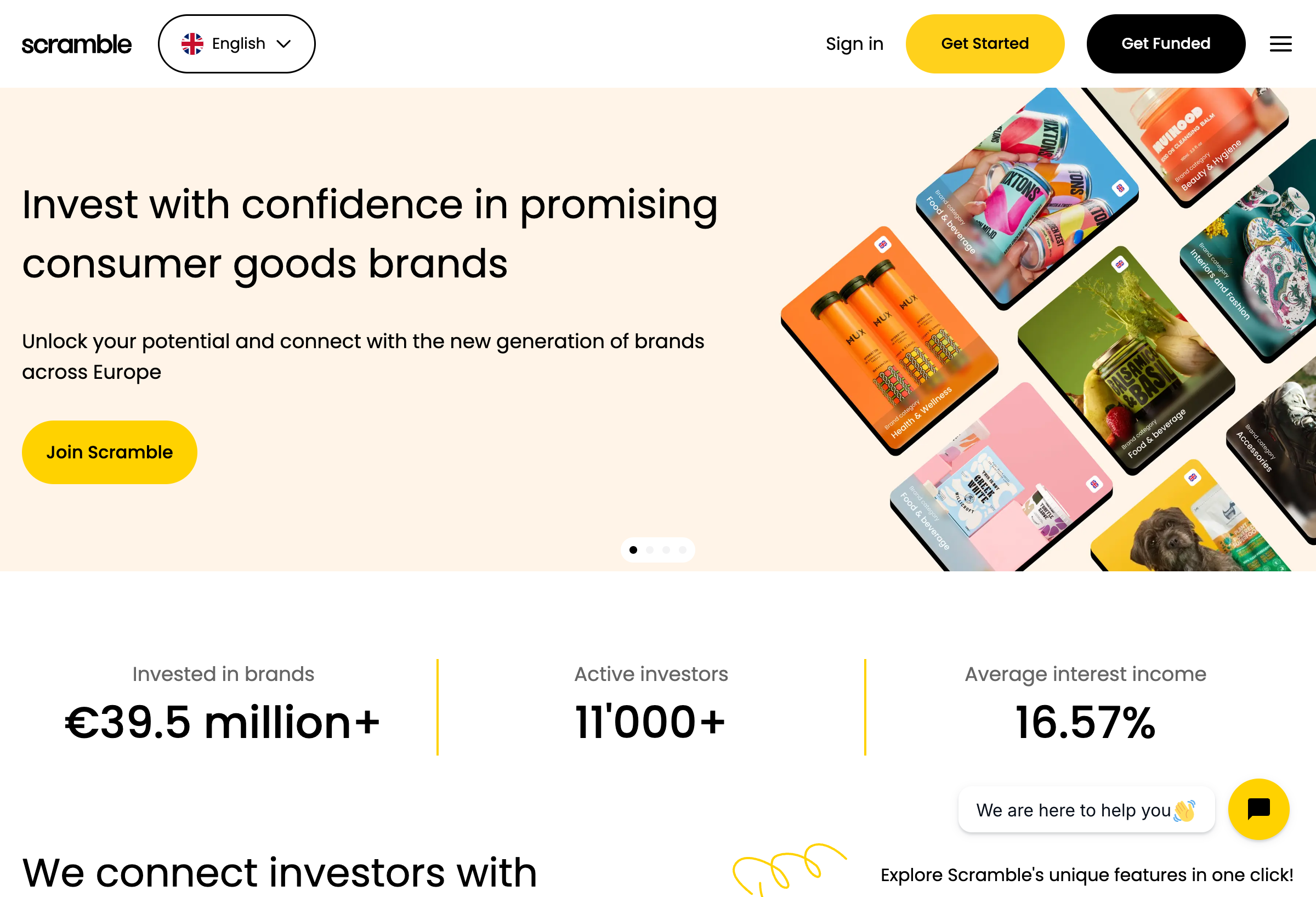 Scramble platform homepage showing key statistics and investment pitch