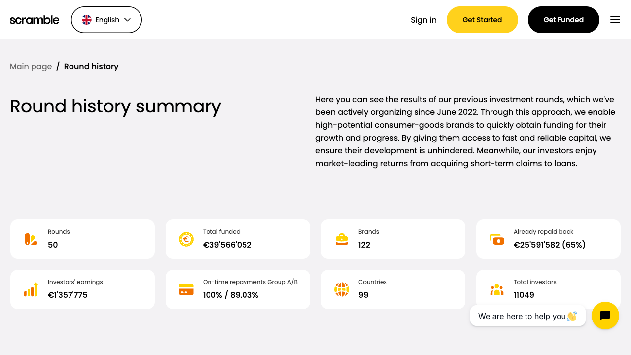 Scramble rounds history summary showing completed investment rounds and repayment data