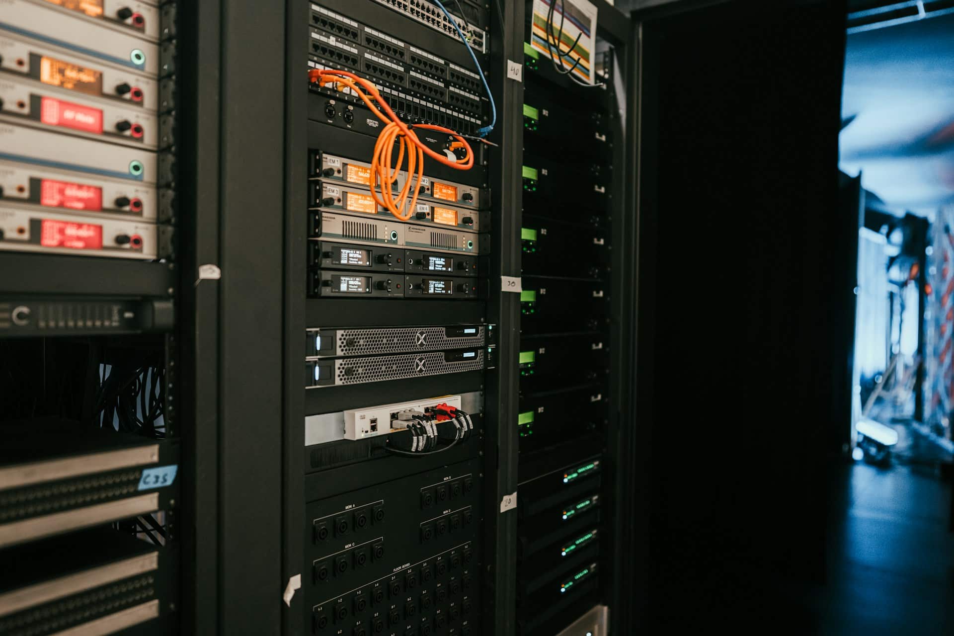 Server cabinets with blue indicator lights