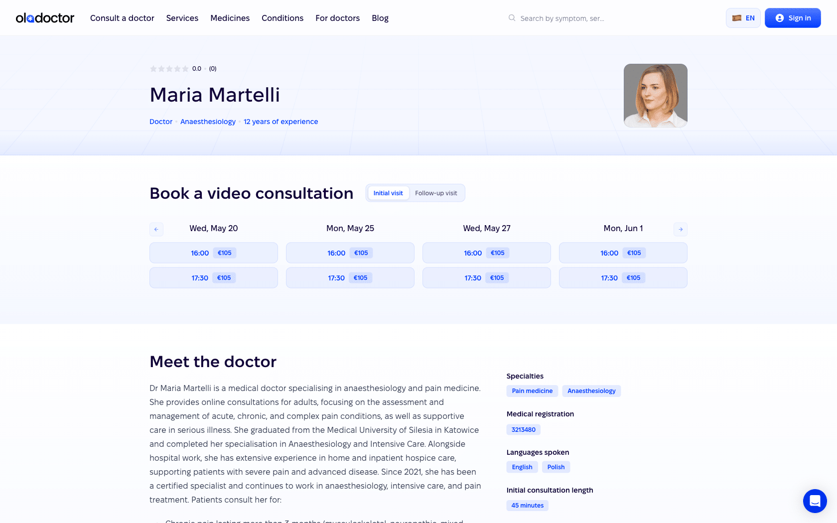 A doctor profile on Oladoctor showing Dr Maria Martelli's specialties, medical registration number, languages spoken, and a four-day video consultation booking calendar