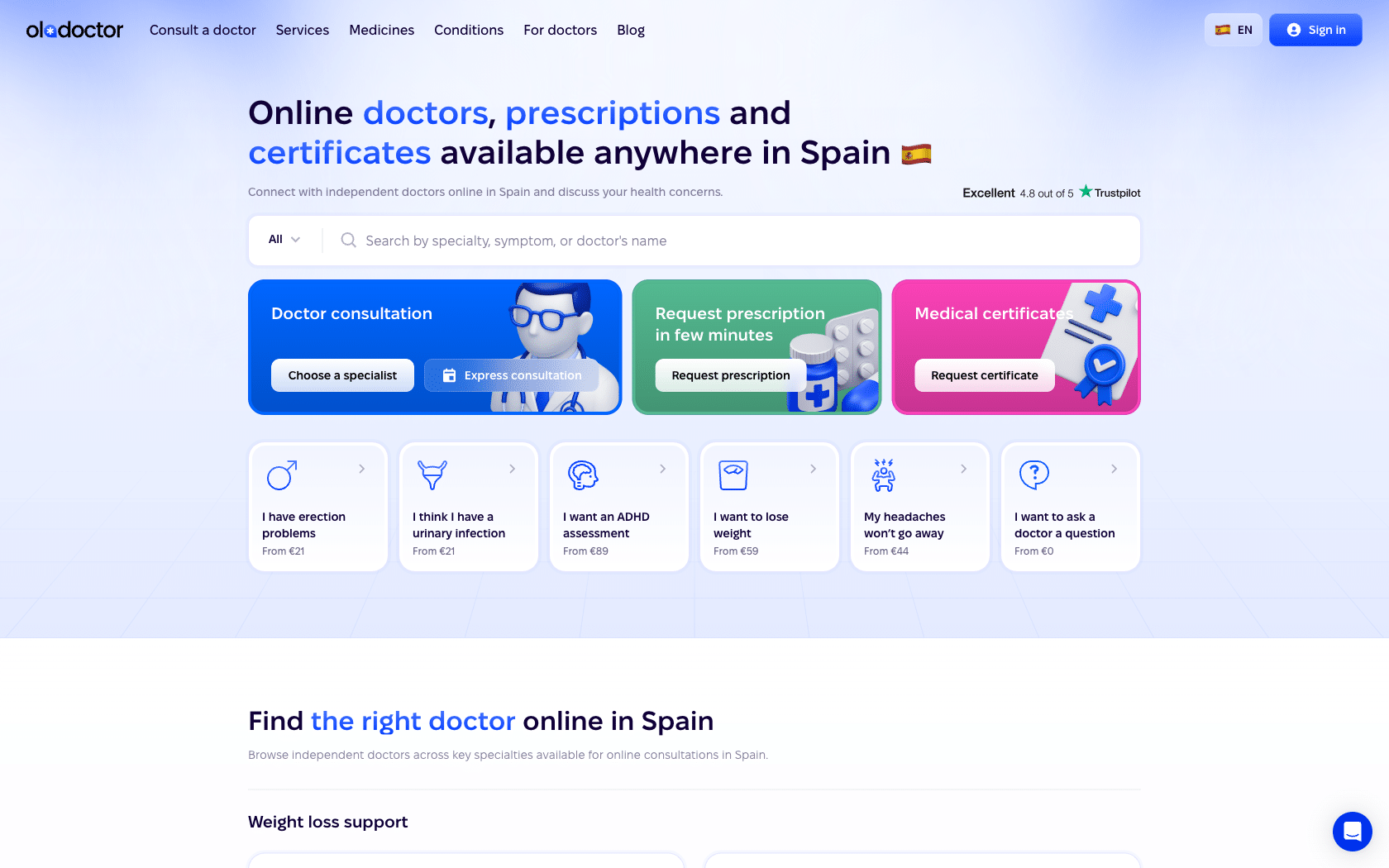 Oladoctor homepage showing online doctor consultations, prescriptions and medical certificates across Spain, with a Trustpilot 4.8 rating