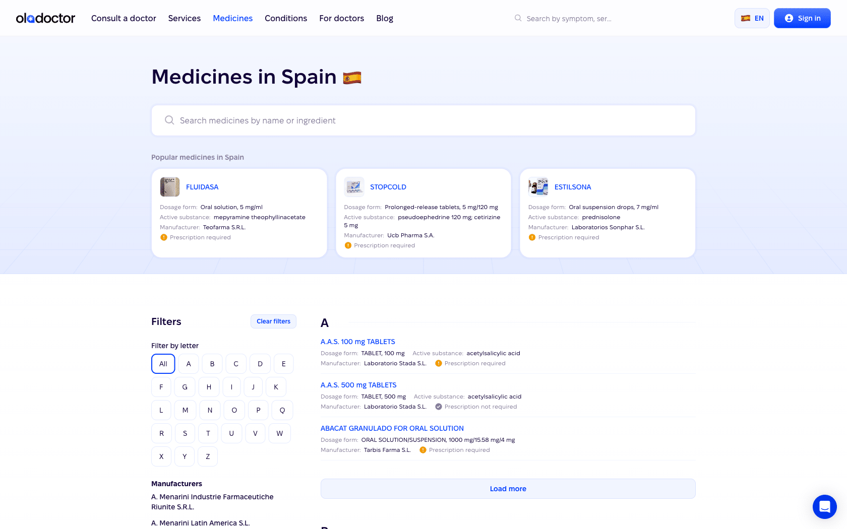 Oladoctor's medicines database for Spain, with search by name or active ingredient and an A-to-Z manufacturer index