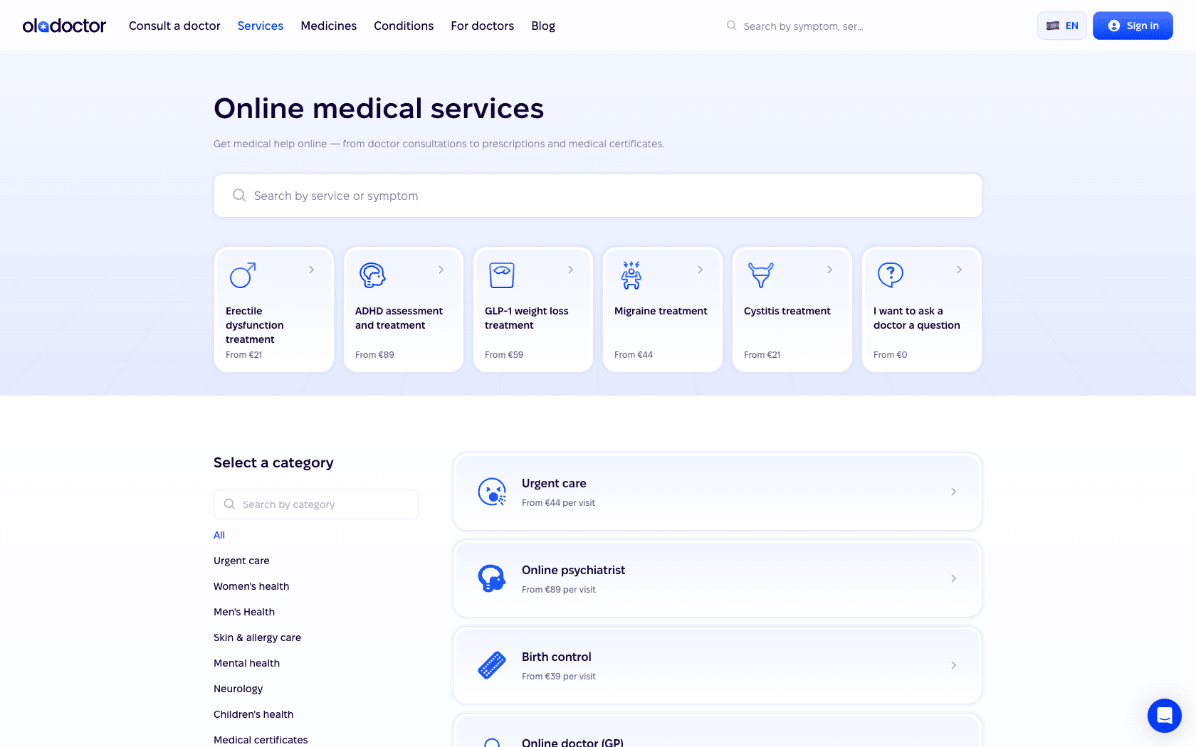 Oladoctor's online medical services page listing consultations and starting prices openly