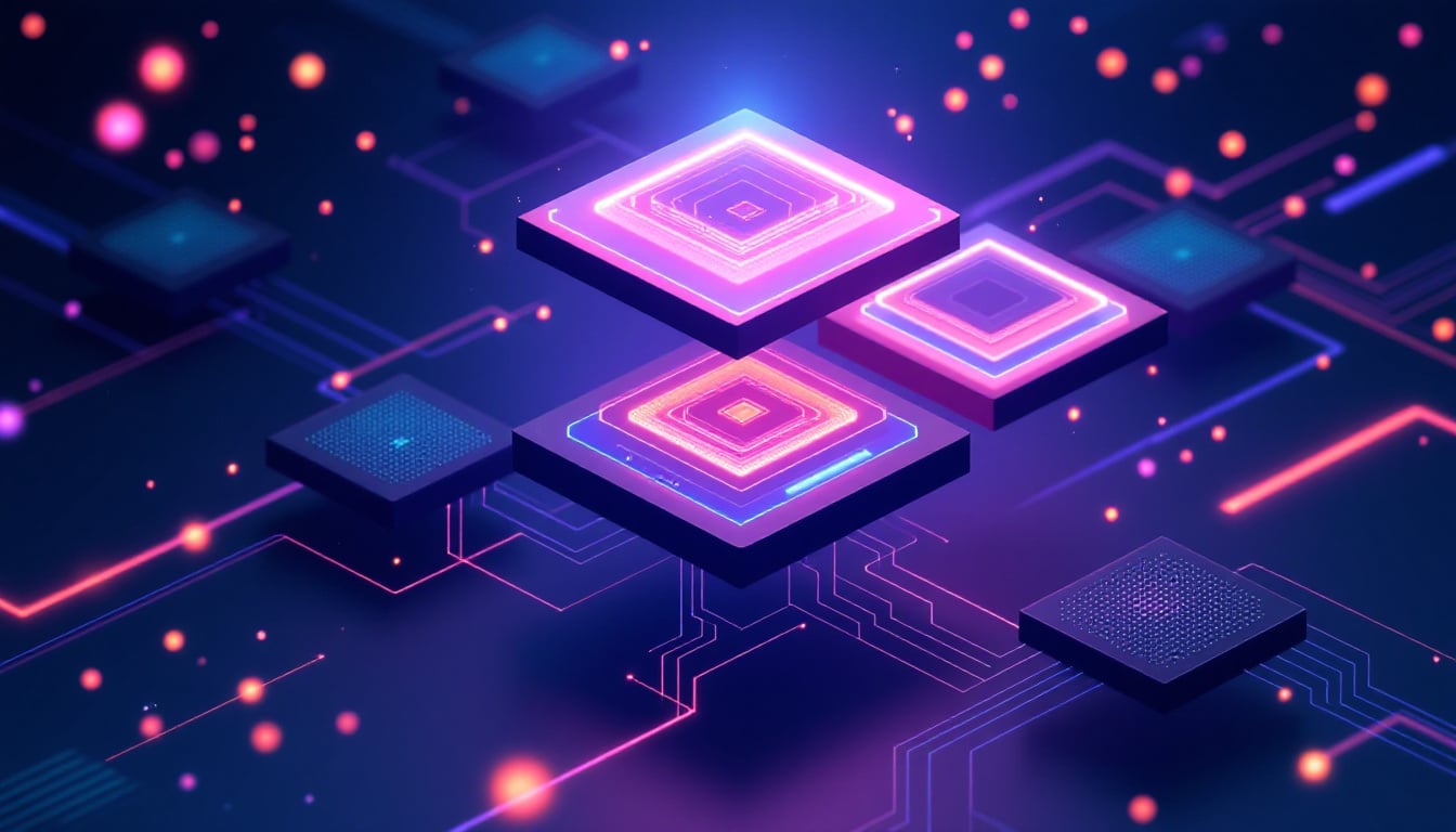Editorial illustration: glowing layered floating platforms with circuit-trace connections representing the layers of AI inference infrastructure