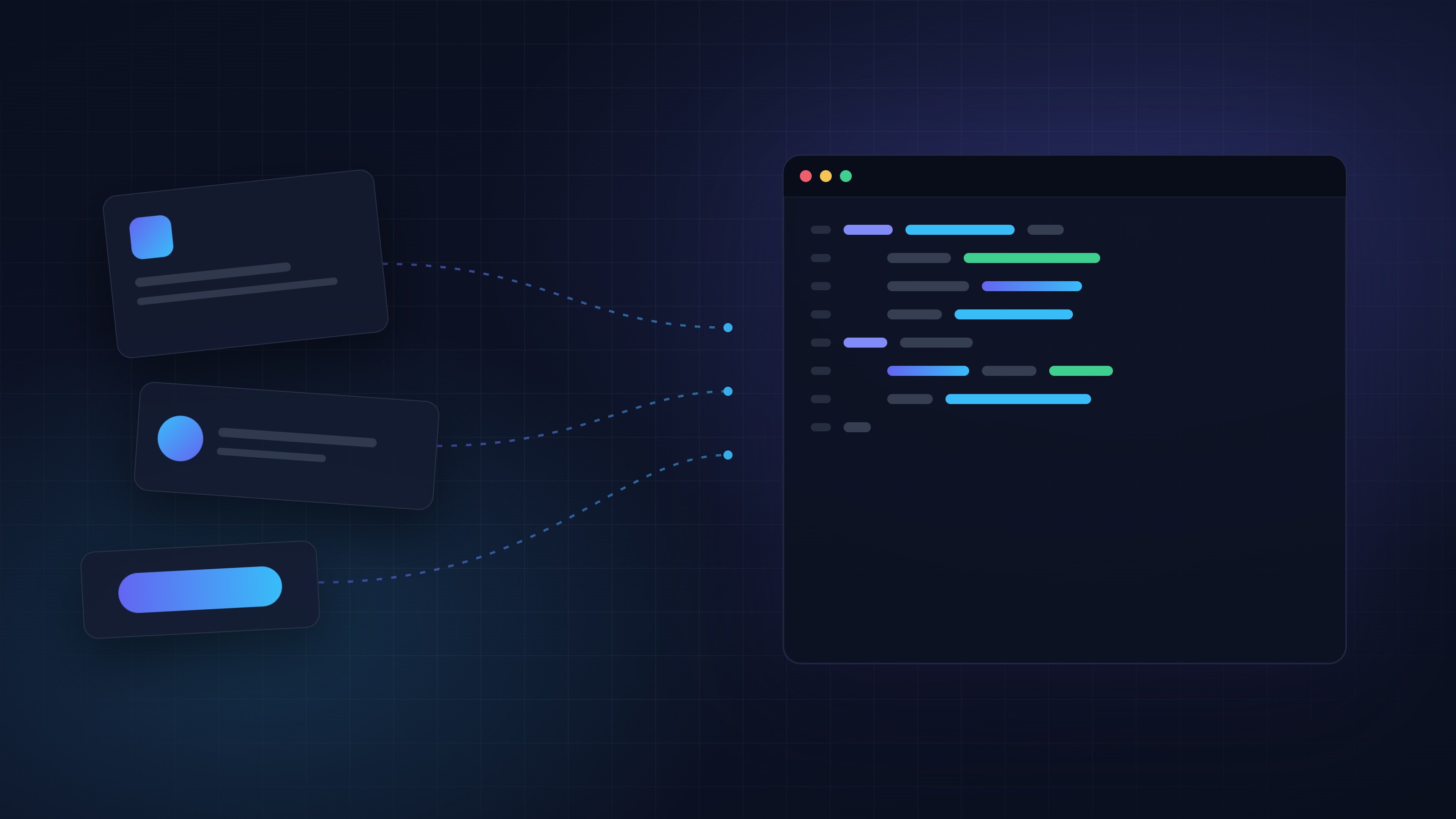 Abstract UI component blocks flowing into a code editor window