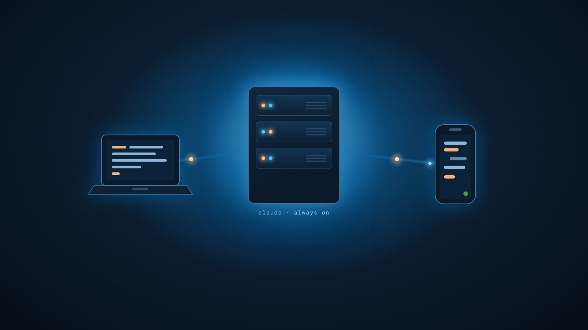 Glowing illustration of a server box connected by light beams to a laptop and a phone, representing Claude Code running on a Hetzner server and driven from both devices