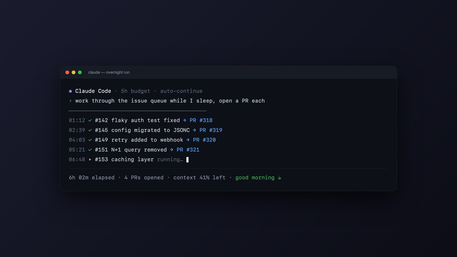 Claude Code working through an issue queue overnight in a terminal