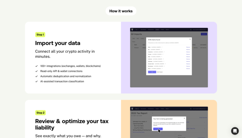 TokenTax dashboard - import data and review tax liability