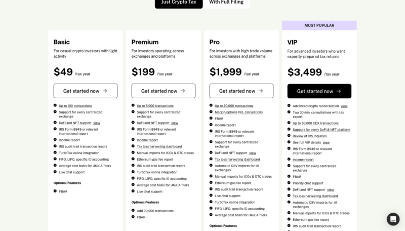 TokenTax pricing plans 2026 - Basic Premium Pro VIP