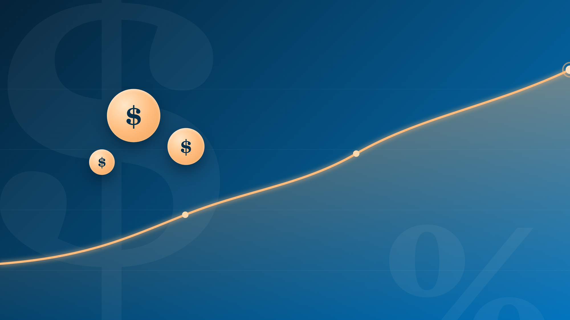 Rising gold yield line with US dollar coins on a deep blue background