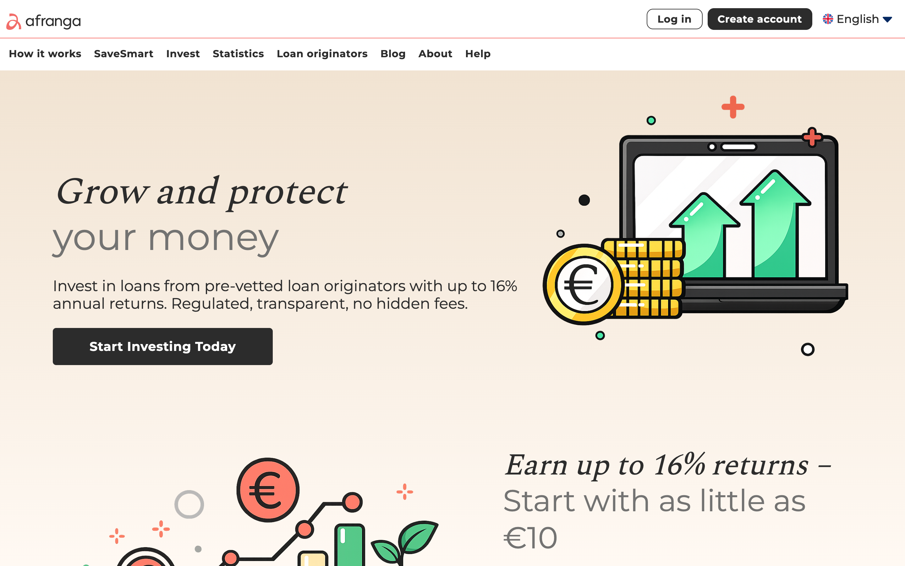 Afranga P2P lending platform homepage showing regulated crowdfunding marketplace with up to 16% returns