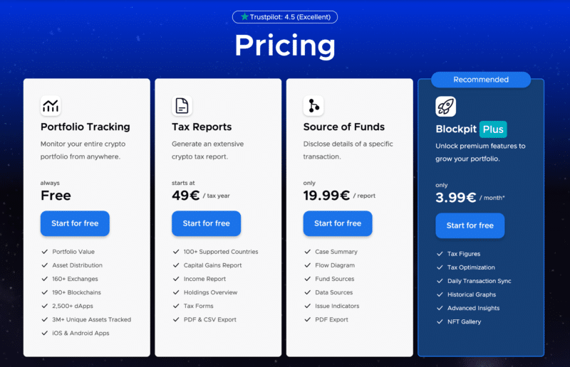Blockpit pricing plans: free portfolio tracking, tax reports from 49 euros, source of funds, and Blockpit Plus