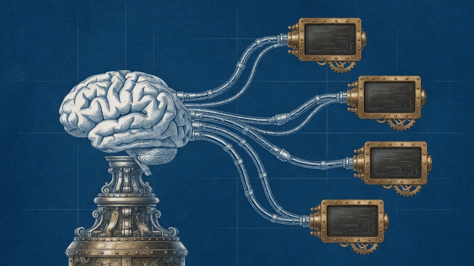 Steampunk engraving of a brain on an ornate pedestal wired by riveted cables to brass-framed terminal screens, cyanotype blueprint style