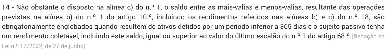 Texto do artigo 72.º n.º 14 do Código do IRS sobre englobamento obrigatório