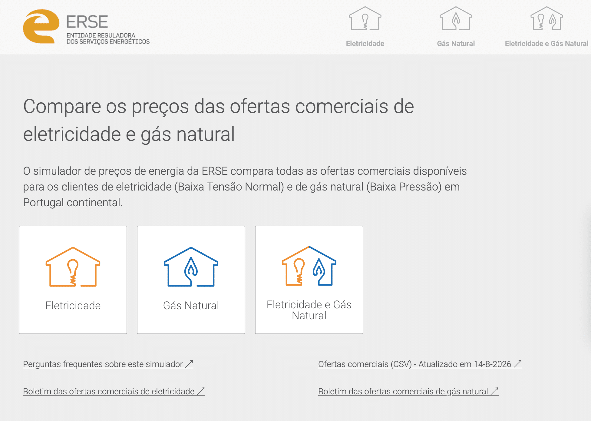 Simulador de precos de energia da ERSE comparando ofertas de eletricidade e gas natural