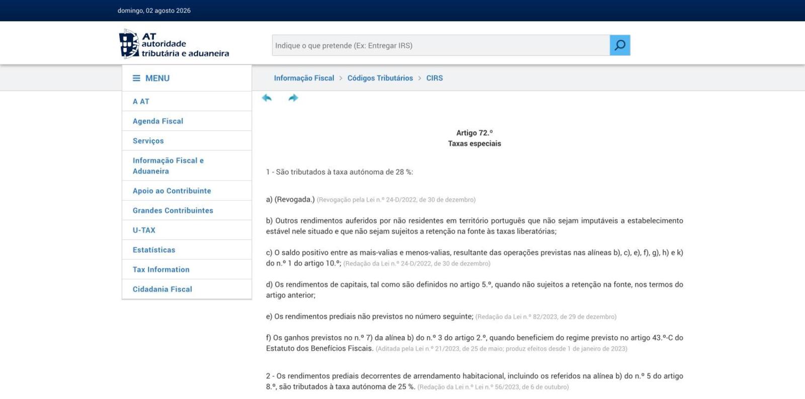 Artigo 72.º do Codigo do IRS, taxas especiais, no site da Autoridade Tributaria e Aduaneira