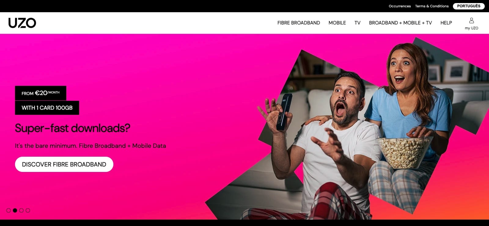 UZO Portugal homepage showing fiber broadband plus 100GB mobile from 20 euros a month
