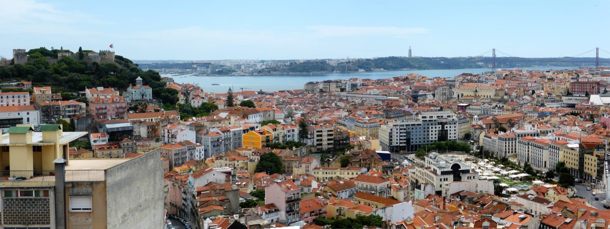 Castelo de Sao Jorge on its hill above the rooftops of central Lisbon with the Tagus beyond