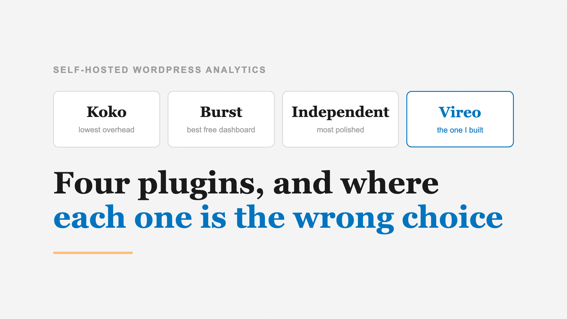 Four WordPress analytics plugins side by side: Koko, Burst, Independent Analytics and Vireo, with the headline four plugins and where each one is the wrong choice