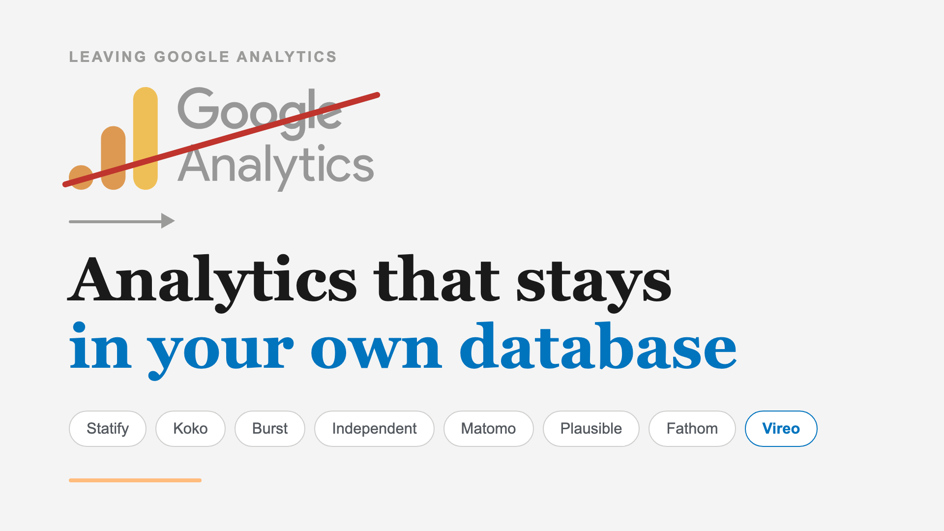 The Google Analytics logo crossed out, beside a list of self-hosted and privacy-first alternatives including Statify, Koko, Burst, Matomo, Plausible, Fathom and Vireo
