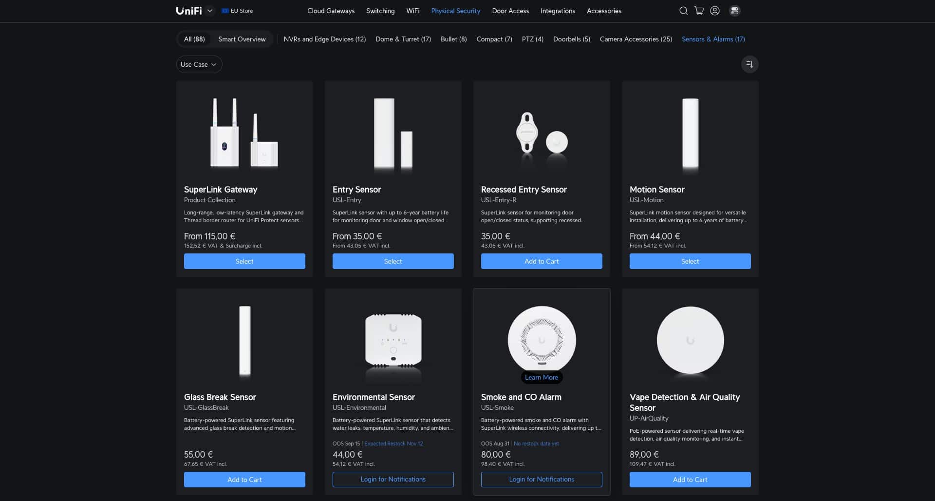 Ubiquiti EU store listing UniFi SuperLink alarm sensors with euro prices