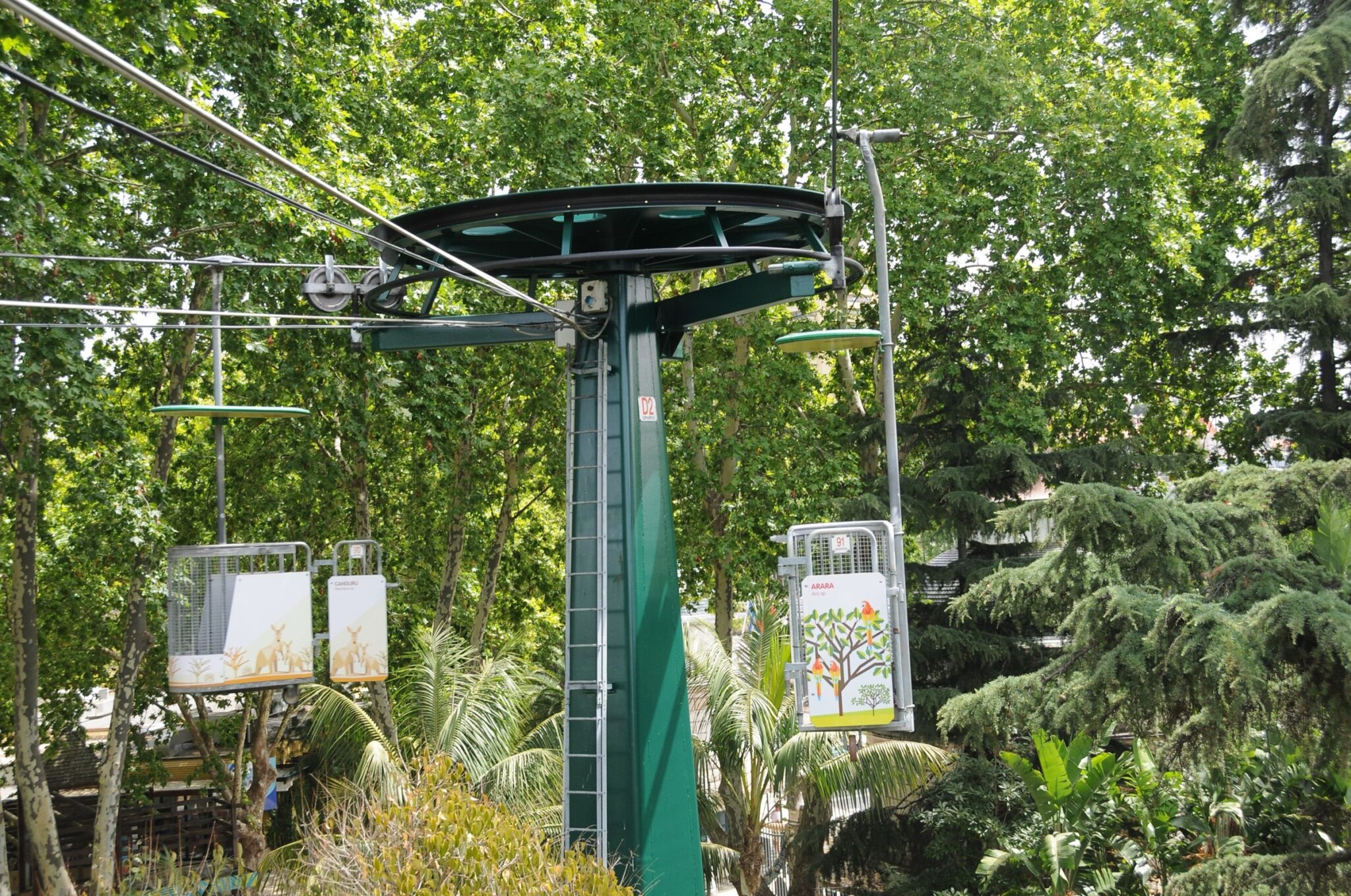 Gondolas of the cable car running above the trees at the Jardim Zoologico in Lisbon