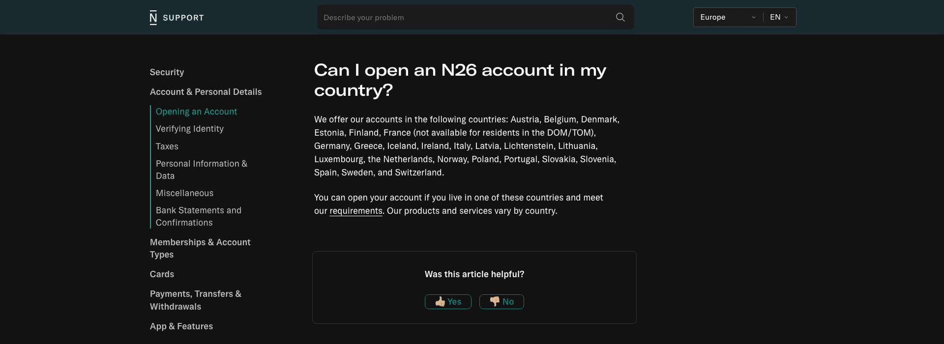 N26 support page listing the European countries where an N26 account can be opened