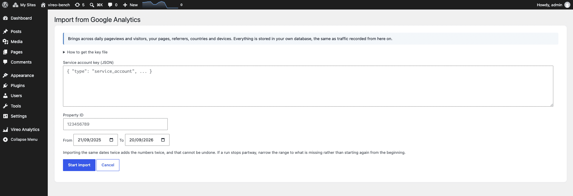 The Import from Google Analytics screen in the Vireo Analytics WordPress plugin, showing the service account key box, property ID field and date range