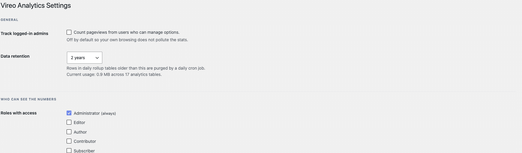 The Vireo Analytics settings screen showing a data retention dropdown set to two years, with a line underneath reporting current usage across the plugin analytics tables