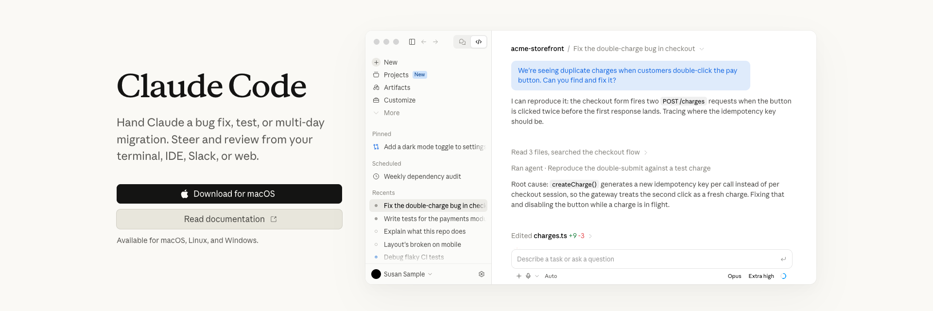 Claude Code desktop app showing an AI agent tracing and fixing a double-charge bug in a checkout flow