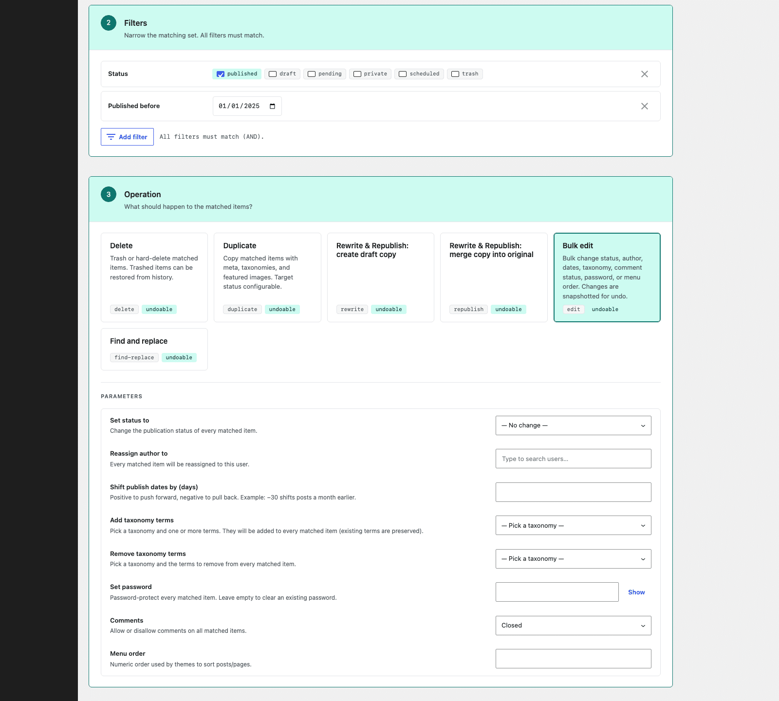 The BatchPilot builder with published posts before 2025 matched, the Bulk edit operation selected, the Comments parameter set to Closed and a preview of four posts