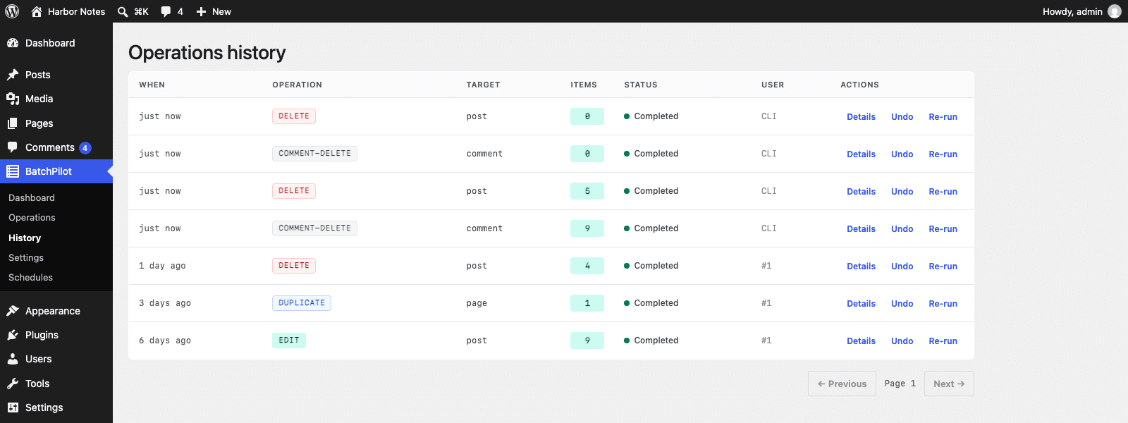 The BatchPilot History screen listing delete, duplicate and edit operations with Details, Undo and Re-run links
