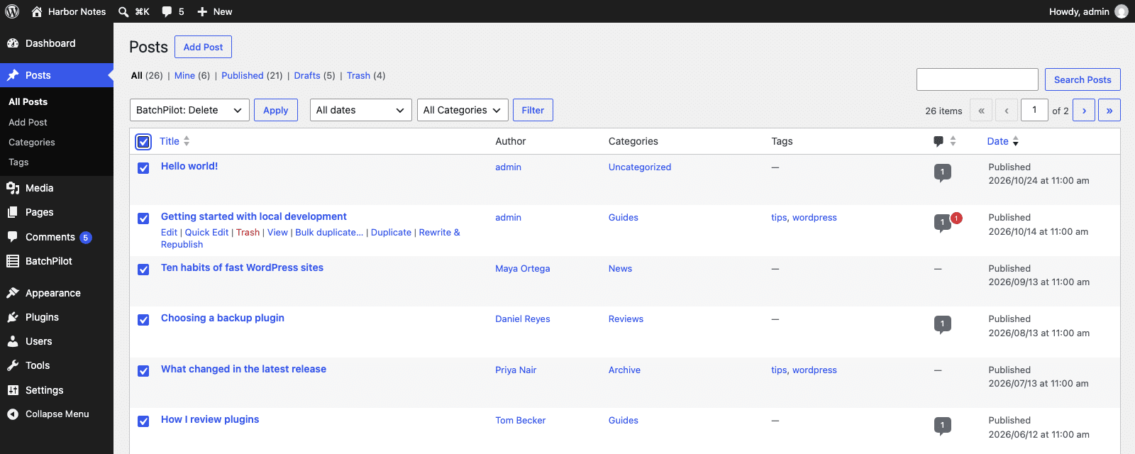 The WordPress Posts list with BatchPilot: Delete selected in the bulk actions menu and Duplicate, Rewrite and Republish and Bulk duplicate links on a row