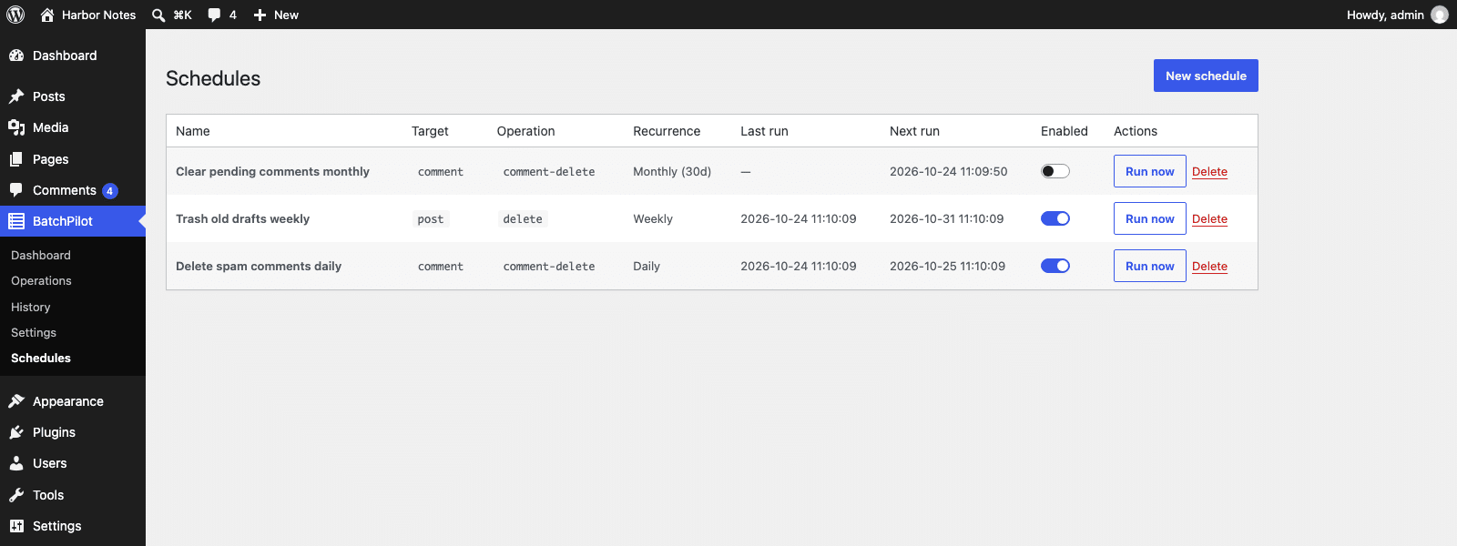 The BatchPilot Pro Schedules list with three schedules, their last and next run times, enabled switches and Run now buttons