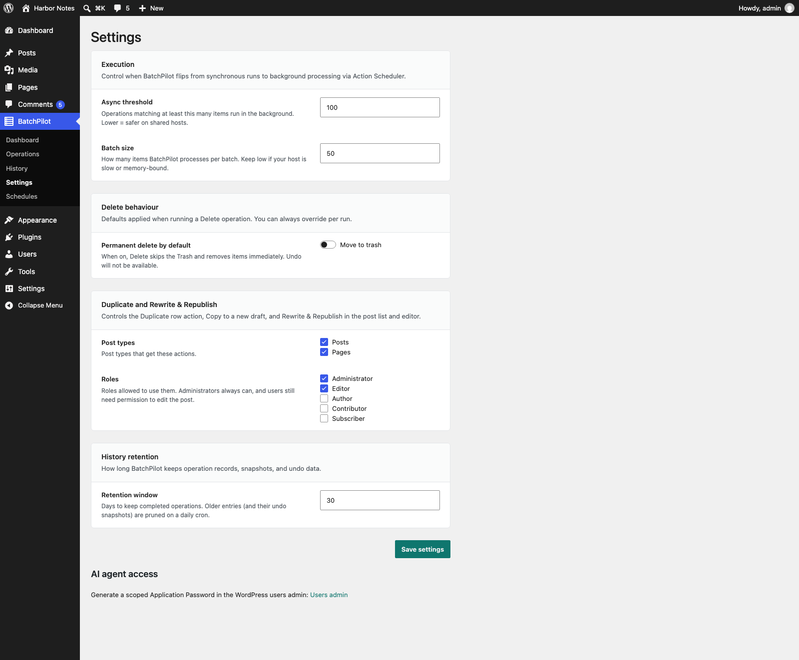 The BatchPilot Settings screen with execution, delete behaviour, duplicate and rewrite access, and history retention sections